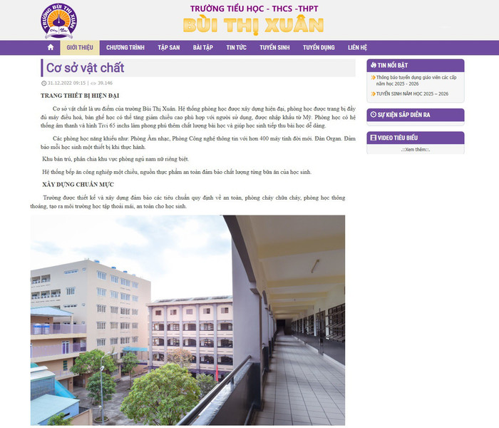 Nội dung về cơ sở vật chất nhà trường chỉ giới thiệu chung kèm một số hình ảnh. Ảnh chụp màn hình 1620170314.jpg