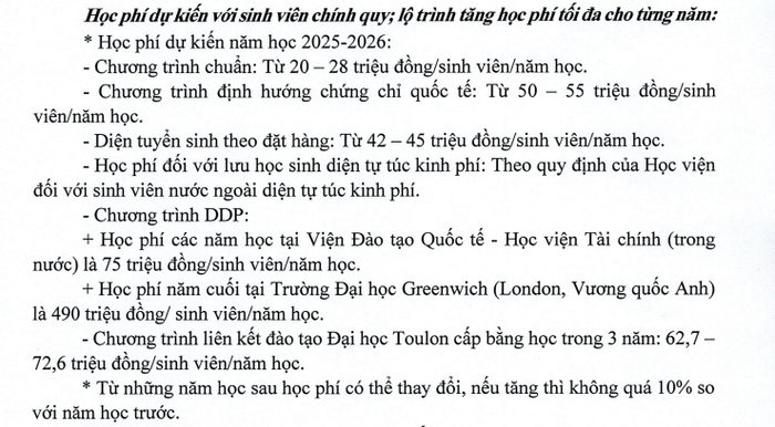 Học phí năm học 2025-2026 các chương trình đào tạo của Học viện Tài chính, theo thông tin tuyển sinh năm 2025. Ảnh chụp màn hình hoc-phi.png