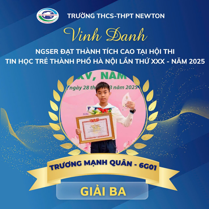 Trường Trung học cơ sở - Trung học phổ thông Newton vinh danh học sinh đạt giải Ba. 7f2e13c3adfd19a340ec.jpg