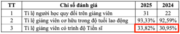 Các chỉ số đánh giá về đội ngũ giảng viên toàn thời gian trong Báo cáo thường niên năm 2025 của Đại học Duy Tân. Ảnh: chụp màn hình. anh-man-hinh-2025-10-14-luc-225528.png