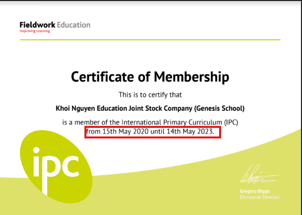 Giấy chứng nhận Genesis School là thành viên IPC – Fieldwork Education, Anh Quốc. Ảnh: website nhà trường. image-1.png