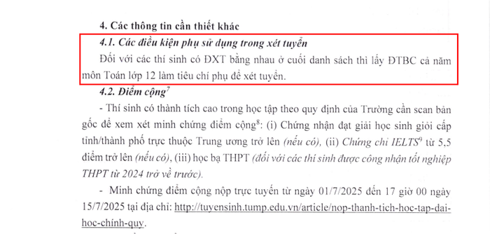 Tiêu chí phụ trong xét tuyển được nêu trong Đề án tuyển sinh năm 2025 của Trường Đại học Y - Dược (Đại học Thái Nguyên). Ảnh chụp màn hình. 1.png