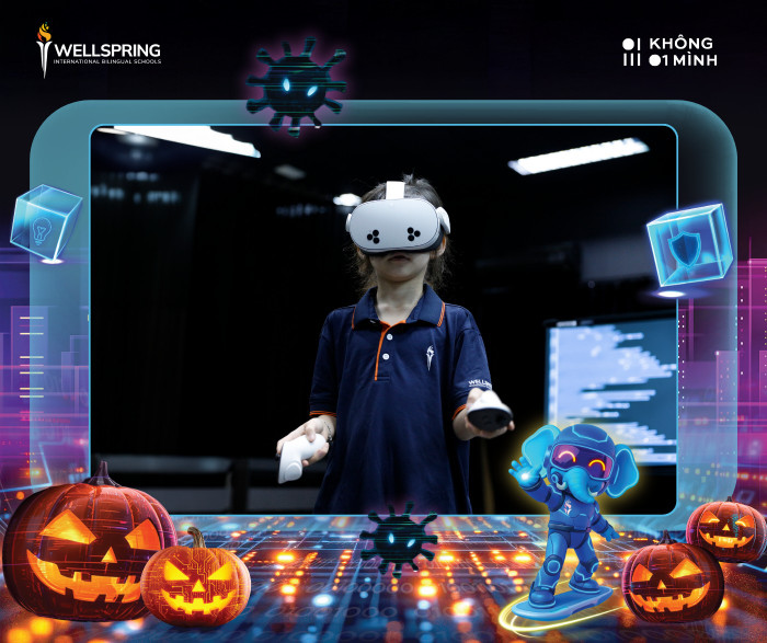 Wellspring chọn cách biến Halloween thành hành trình nhận thức, nơi mỗi hoạt động đều là cơ hội để học sinh rèn khả năng tư duy phản biện, hiểu biết số và trách nhiệm công dân toàn cầu. Ảnh: NTCC. hanoi-wellspring.png