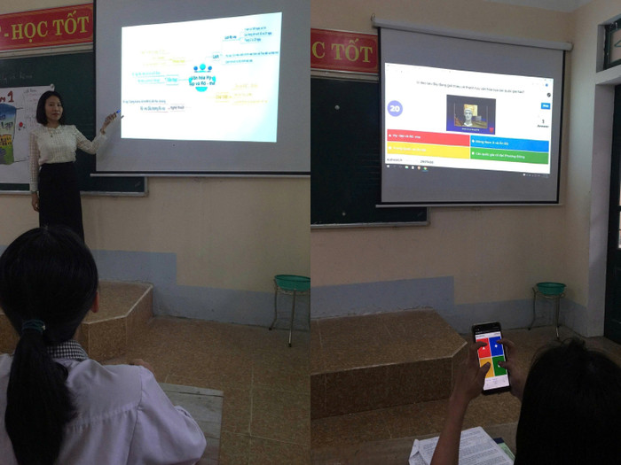 Cô Hằng hướng dẫn học sinh học Lịch sử qua trò chơi tương tác. Ảnh: NVCC. collage.jpg
