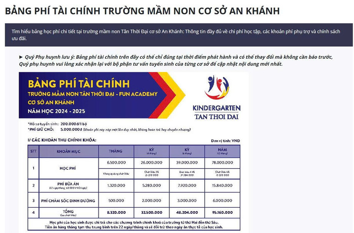 Bảng phí tài chính của Trường mầm non Tân Thời Đại cơ sở An Khánh. Ảnh chụp màn hình ngày 1/9/2025. an-khanh-hoc-phi-1-1.jpg