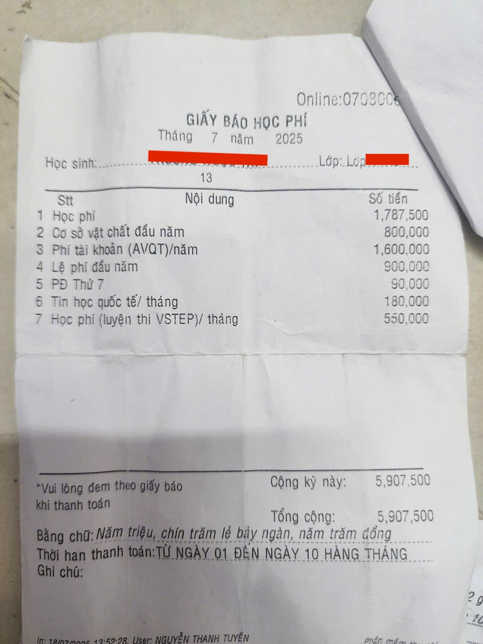 Giấy báo học phí tháng 7/2025 của một học sinh lớp 11. Ảnh do phụ huynh cung cấp. giaybaohppct.jpg