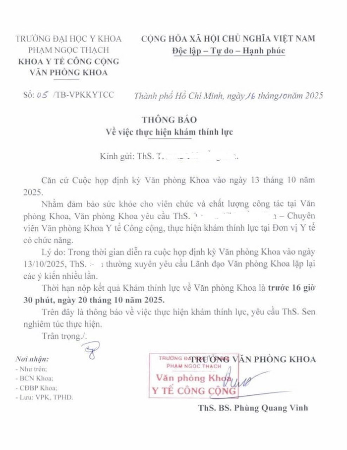 Văn bản của Văn phòng khoa Y tế công cộng gửi tới Thạc sĩ S.. Ảnh chụp màn hình. vbkhoaytecongcong.jpg