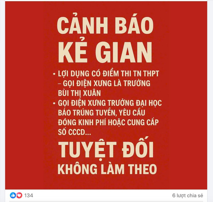 Fanpage Trường Bùi Thị Xuân phát cảnh báo tới toàn thể phụ huynh, học sinh lớp 12 của trường. Ảnh chụp màn hình. fbbtxluadao.jpg