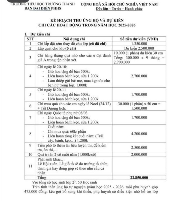 Trích thông báo kế hoạch thu ủng hộ và dự kiến chi các hoạt động năm học 2025-2026 của lớp 2/3. Ảnh chụp màn hình. vbtieuhoctruongthanhc.jpg