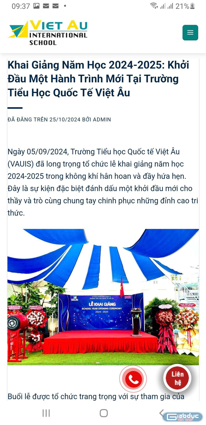 Tuy nhiên, một bài viết về sự kiện, hoạt động của trường trên website lại ghi là Trường tiểu học Quốc tế Việt Âu (ảnh chụp màn hình vào ngày 18/7) gdvn-websitevab.jpg