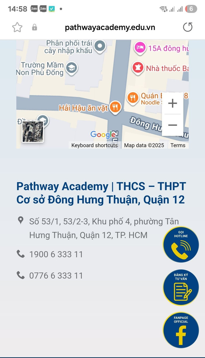Địa chỉ cơ sở Đông Hưng Thuận có trên website của hệ thống Trường Tuệ Đức. Ảnh chụp màn hình. tueducdonghungthuan.jpg