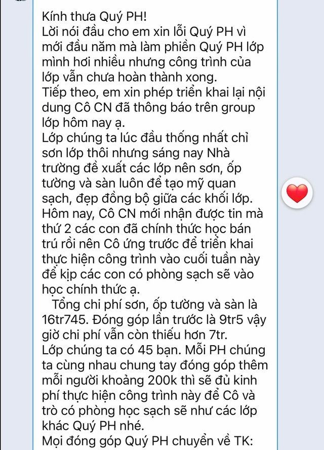Một tin nhắn trong nhóm zalo của phụ huynh lớp 5/6 Trường tiểu học Chi Lăng. Ảnh do phụ huynh cung cấp. tinhan56chilang.jpg