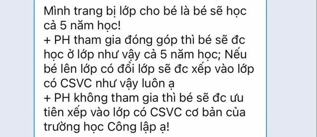 Tin nhắn trong nhóm zalo của phụ huynh lớp 1/5 Trường tiểu học Chi Lăng. Ảnh do phụ huynh cung cấp. tinhan15thchilang.jpg