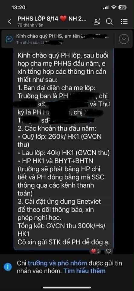 Đoạn tin nhắn trao đổi giữa giáo viên chủ nhiệm gửi phụ huynh của lớp qua zalo. Ảnh chụp màn hình. 814thcsnttb.jpg