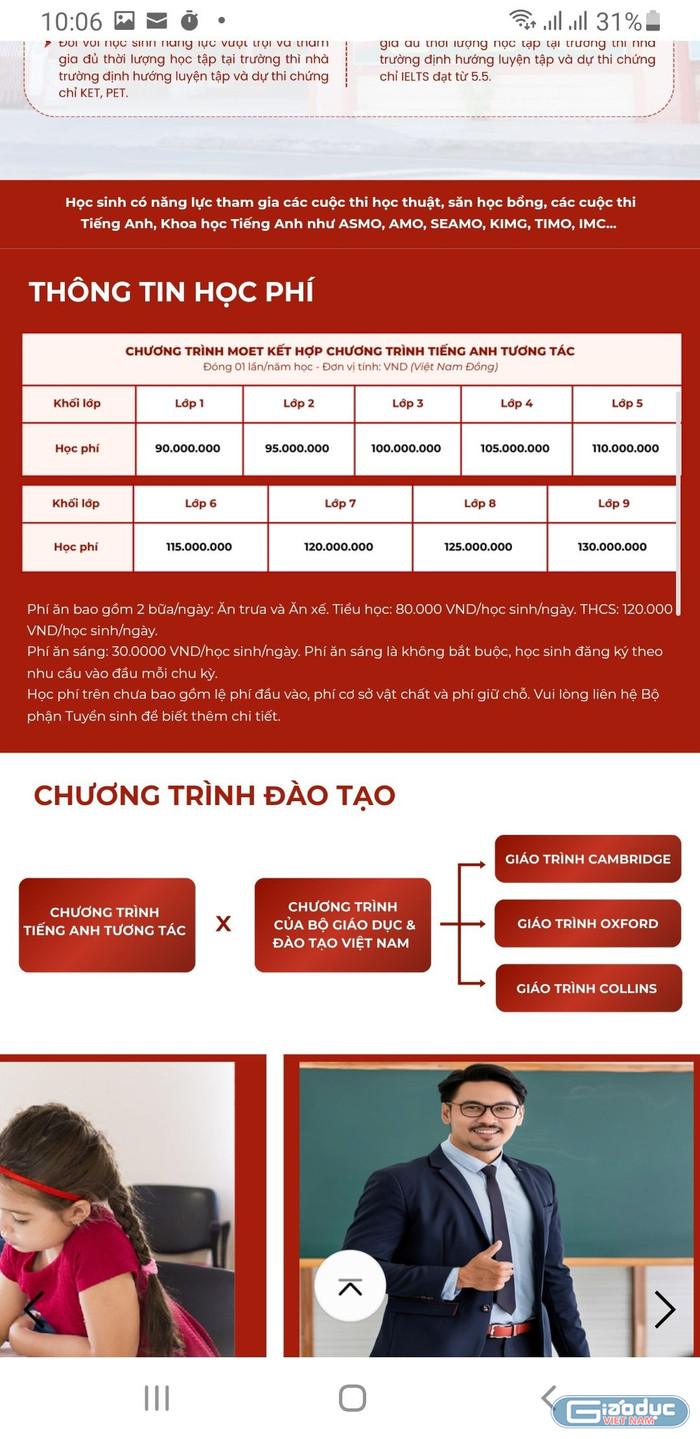 Thông tin về học phí của Trường Pa-xcan được công khai trên website. Ảnh chụp màn hình ngày 21/7. gdvn-hocphipascal.jpg