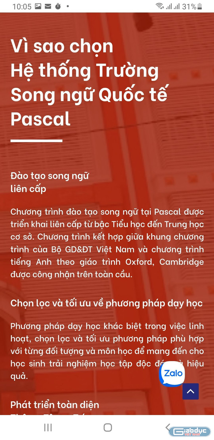 Website nhà trường lại giới thiệu là Trường Song ngữ quốc tế Pascal. Ảnh chụp màn hình vào ngày 21/7. gdvn-truongsongnguqtpascalwebsite.jpg