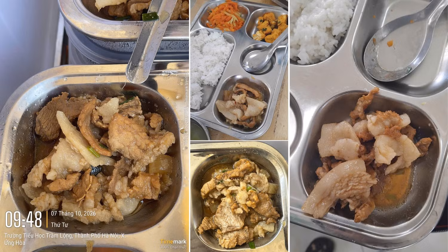 Hình ảnh suất ăn vào ngày 07/10 với thực đơn gồm: Thịt kho củ cải, đậu sốt cà chua, su su cà rốt xào, canh bí xanh nấu thịt và cơm gạo dẻo. Nhiều phụ huynh cho rằng, thịt quá nhiều mỡ, khiến các em học sinh không ăn được nhiều. Ảnh: Phụ huynh cung cấp.