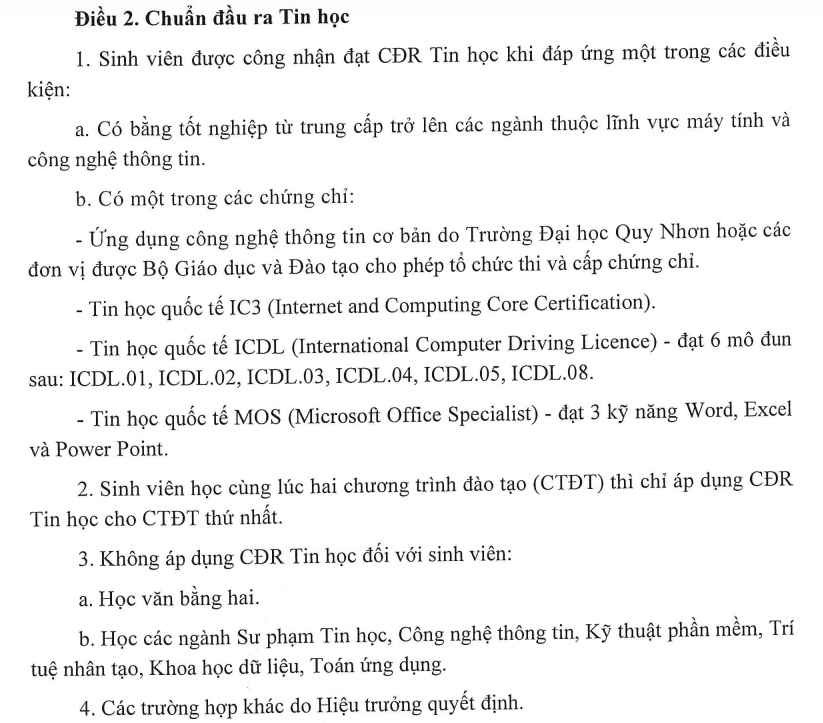 Chuẩn đầu ra Tin học đối với sinh viên đại học hình thức vừa làm vừa học và đào tạo từ xa Trường Đại học Quy Nhơn. Ảnh chụp màn hình.