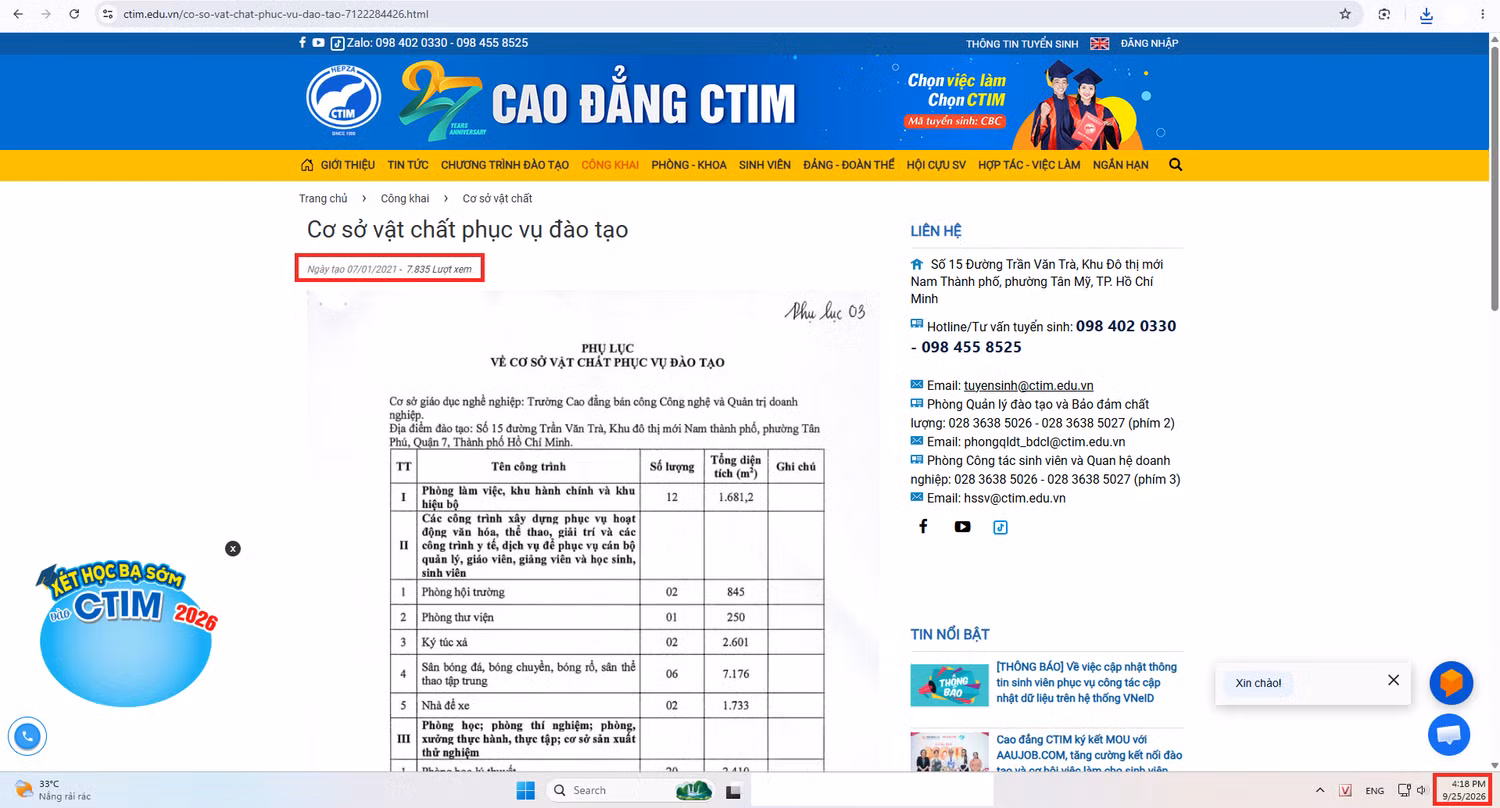 Thông tin về cơ sở vật chất của nhà trường được cập nhật từ năm 2021. Ảnh chụp màn hình.