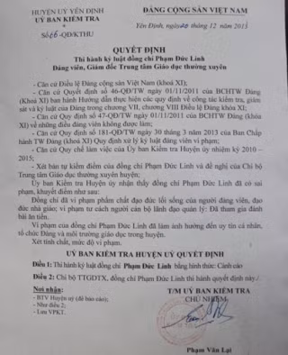 Quyết định kỷ luật của UBKT huyện ủy Yên Định đối với ông Phạm Đức Linh - GĐ TTGDTX về hành vi đánh bạc Quyết định kỷ luật của UBKT huyện ủy Yên Định đối với ông Phạm Đức Linh - GĐ TTGDTX về hành vi đánh bạc