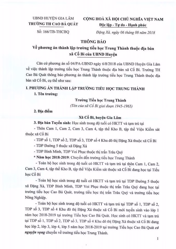 Thông báo của trường Cao Bá Quát khiến nhiều người dân bức xúc. (Ảnh: LC)