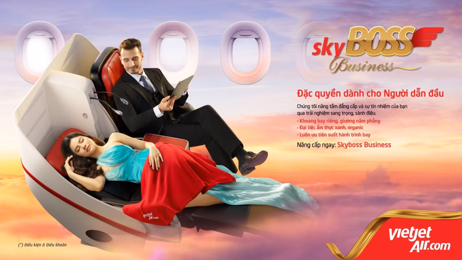 Vietjet dành tặng ưu đãi giảm giá 50% (*) dành cho các hành khách mua hạng vé SkyBoss/SkyBoss Business từ ngày 7/3 đến 25/5/2023.
