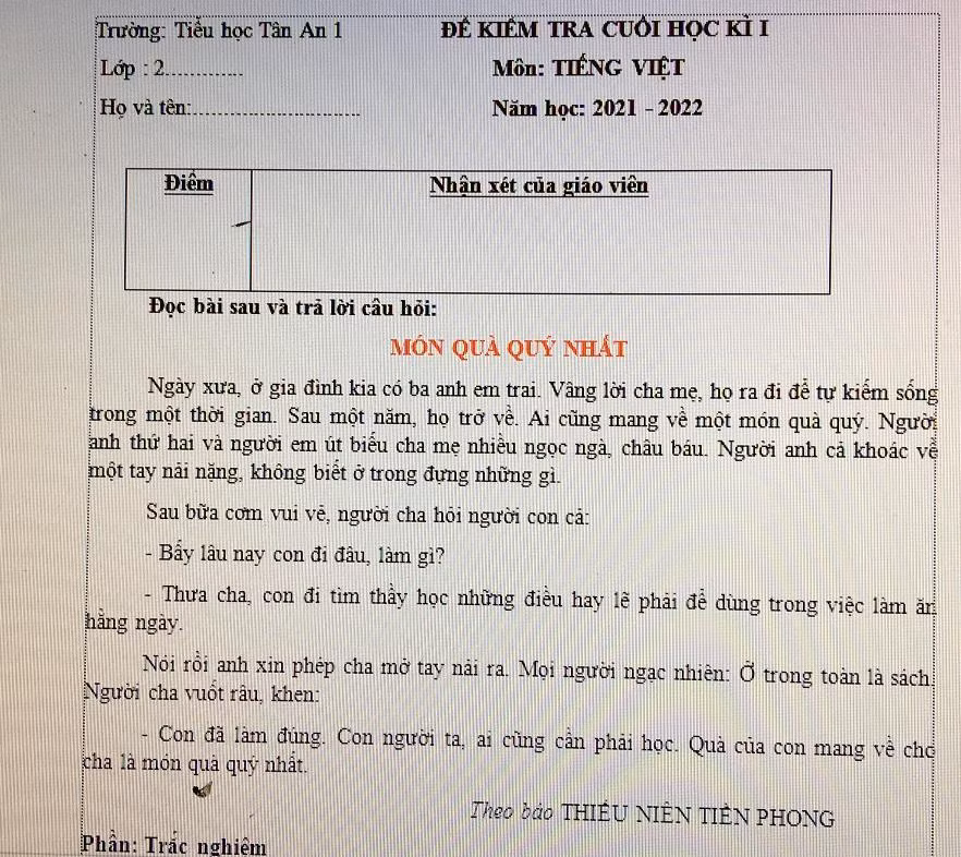 Đề kiểm tra cuối kỳ 1 là văn bản trong Báo Thiếu niên Tiền phong (Ảnh tác giả) Đề kiểm tra cuối kỳ 1 là văn bản trong Báo Thiếu niên Tiền phong (Ảnh tác giả)
