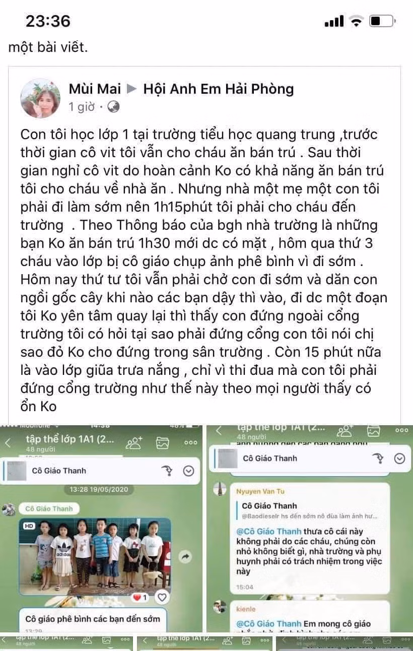 Phụ huynh bức xúc vì con đến trường sớm không được vào lớp và bị cô giáo chủ nhiệm phê bình đã chia sẻ trên mạng xã hội (Ảnh chụp màn hình) Phụ huynh bức xúc vì con đến trường sớm không được vào lớp và bị cô giáo chủ nhiệm phê bình đã chia sẻ trên mạng xã hội (Ảnh chụp màn hình)