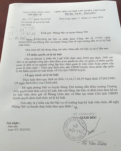 Văn bản 102 do Phó Giám đốc Sở Nội vụ tỉnh Vĩnh Long ký (ảnh: P.L) Văn bản 102 do Phó Giám đốc Sở Nội vụ tỉnh Vĩnh Long ký (ảnh: P.L)