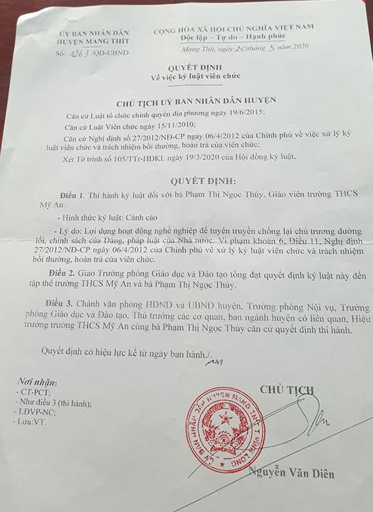 Quyết định xử lý kỷ luật cô Phạm Thị Ngọc Thúy, giáo viên trường trung học cơ sở Mỹ An (ảnh: P.L) Quyết định xử lý kỷ luật cô Phạm Thị Ngọc Thúy, giáo viên trường trung học cơ sở Mỹ An (ảnh: P.L)