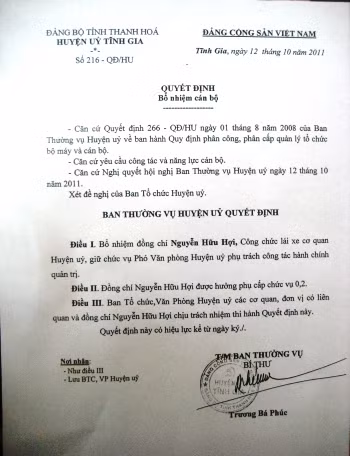 Quyết định bổ nhiệm ông Nguyễn Hữu Hợi giữ chức vụ Phó Chánh Văn phòng