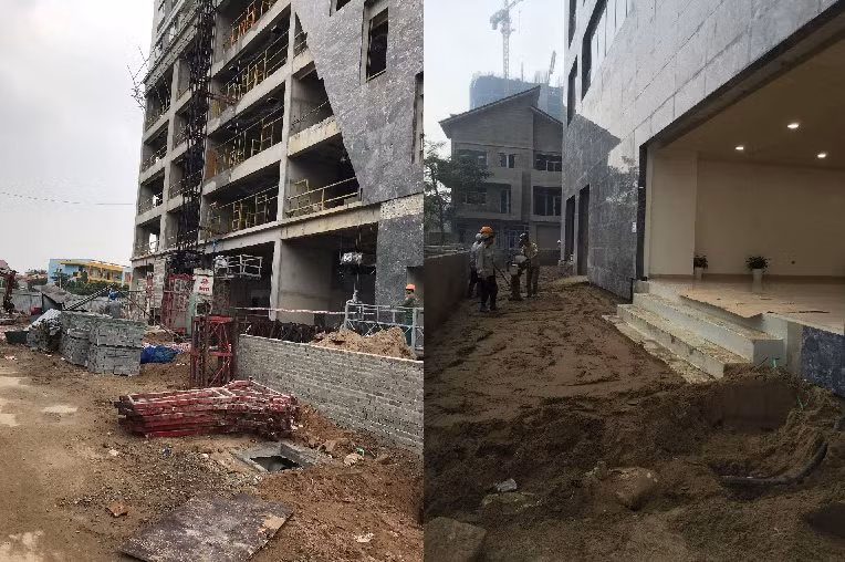 Nhiều hạng mục công trình dự án HH2 còn đang thi công, vật liệu xây dựng vẫn ngổn ngang, bừa bộn, nhưng chủ đầu tư đã ép người dân nhận nhà. Ảnh: NVCC Nhiều hạng mục công trình dự án HH2 còn đang thi công, vật liệu xây dựng vẫn ngổn ngang, bừa bộn, nhưng chủ đầu tư đã ép người dân nhận nhà. Ảnh: NVCC