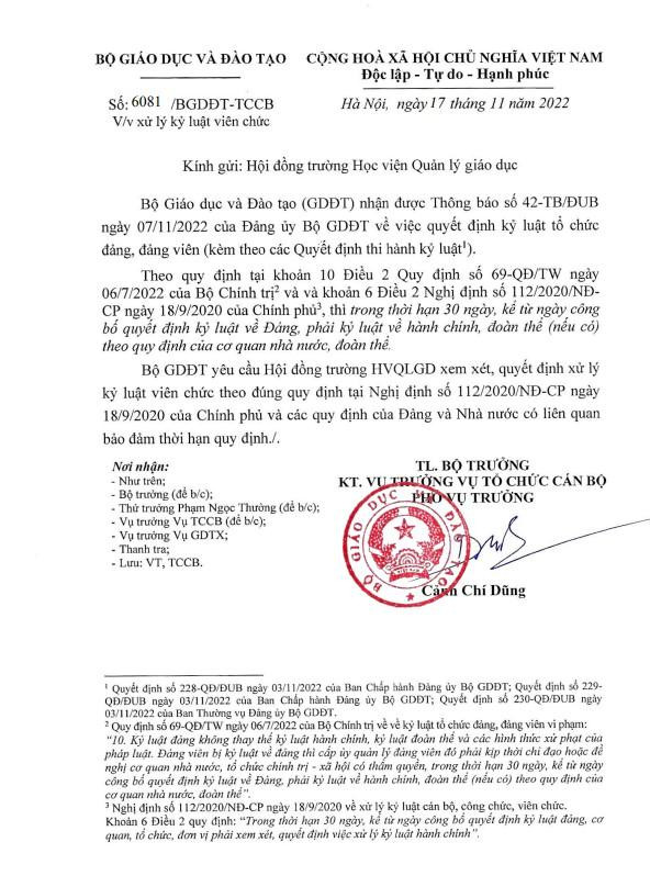 Văn bản Bộ Giáo dục và Đào tạo gửi Học viện Quản lý Giáo dục. Ảnh: CTV
