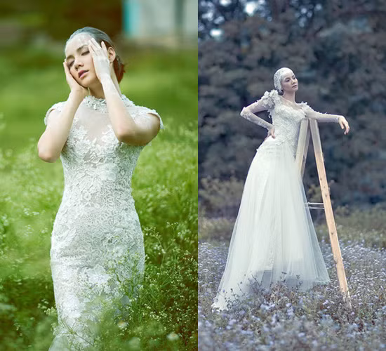 Bộ váy cưới bằng chất liệu ren kín đáo ôm sát cơ thể mang đến cho Trang Nhung nét đẹp cổ điển, kiêu kì và sang trọng.