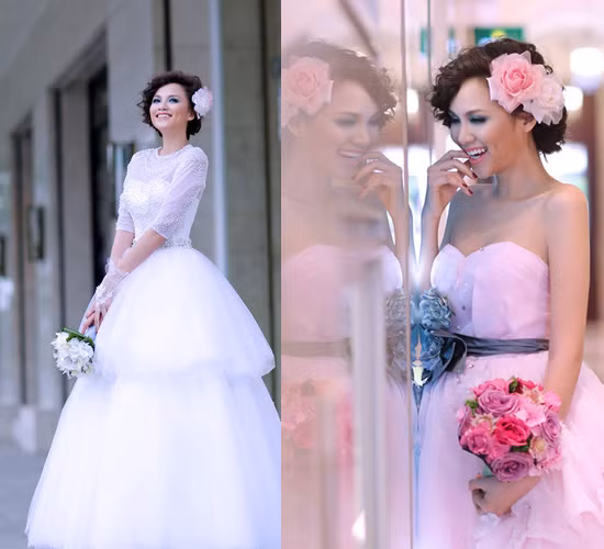 Trong bộ váy cưới lộng lẫy Diễm Hương toát lên phong thái trẻ trung, hiện đại và ngập tràn hạnh phúc.