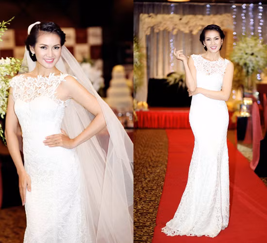Tinh tế, khóe léo trong việc lựa chọn trang phục, Anh Thư diện áo cưới chất liệu ren khoe dáng mượt mà. Chất liệu ren cũng là chất liệu được nhiều bạn trẻ yêu thích trong mùa cưới năm nay.