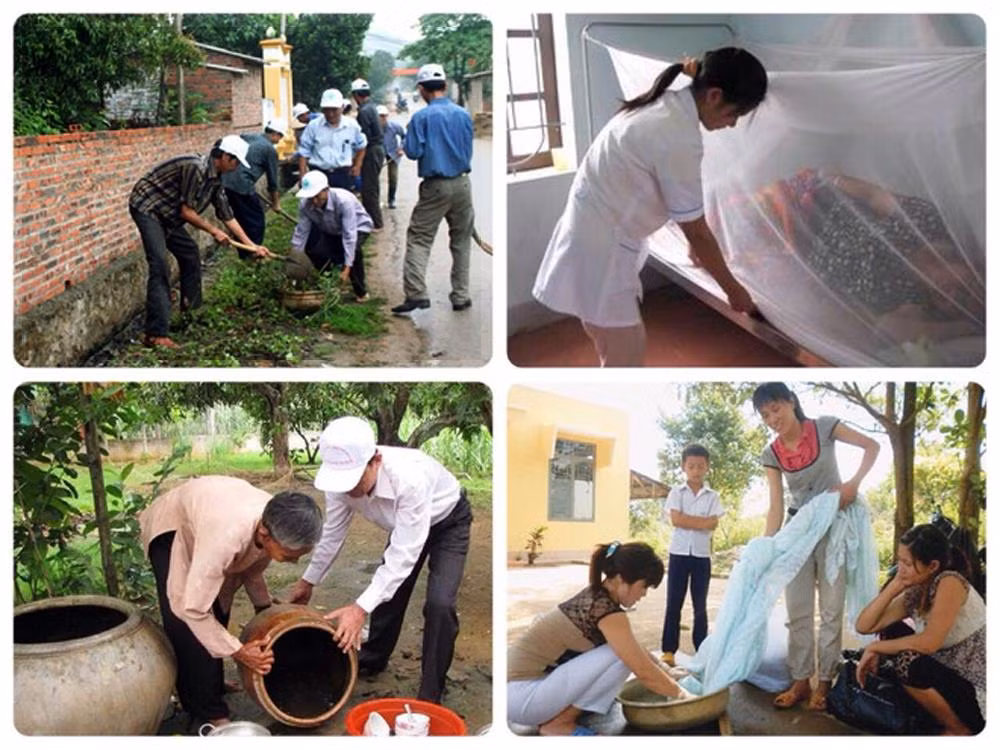 Hàng tuần thực hiện các biện pháp diệt loăng quăng bọ gậy bằng cách thả cá vào những dụng cụ chứa nước lớn, lật úp các dụng cụ không chứa nước, loại bỏ các vật liệu phế thải, các hốc tự nhiên không cho muỗi đẻ trứng như vỏ lốp xe, mảnh lu vỡ…Ảnh: TTXVN.