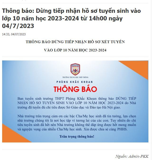 Ngày 4/7, trên trang web của nhà trường đăng tải thông tin về việc dừng tiếp nhận hồ sơ tuyển sinh vào lớp 10 kể từ 14h cùng ngày. (Ảnh: website nhà trường)