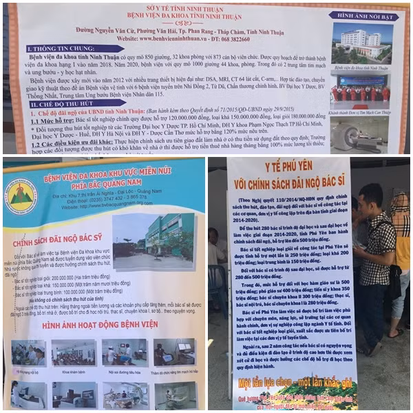 Poster giới thiệu những đãi ngộ “khủng” của một số đơn vị y tế tỉnh bạn để thu hút bác sĩ về công tác tại địa phương.