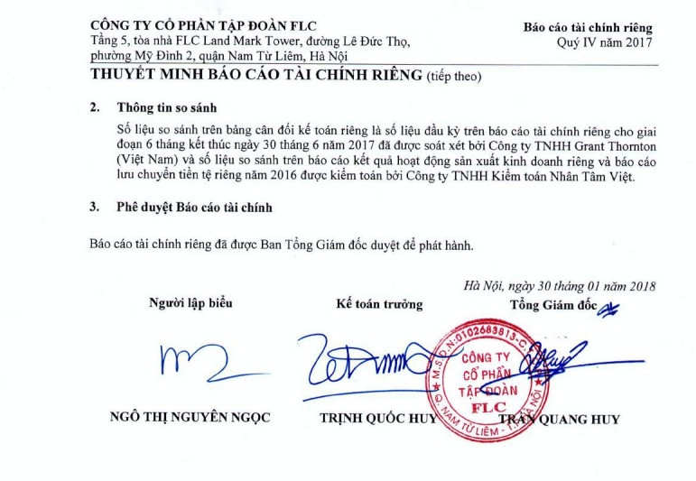 Báo cáo tài chính năm 2017 của Tập đoàn FLC thể hiện số nợ phải trả cho Tập đoàn Hòa Bình là 13 tỷ đồng. Báo cáo tài chính năm 2017 của Tập đoàn FLC thể hiện số nợ phải trả cho Tập đoàn Hòa Bình là 13 tỷ đồng.