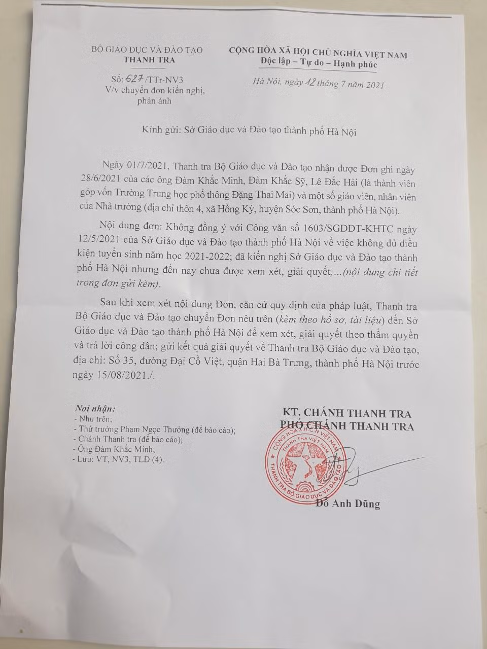 Công văn của Thanh tra Bộ Giáo dục gửi ông Đàm Khắc Minh. Ảnh: NVCC