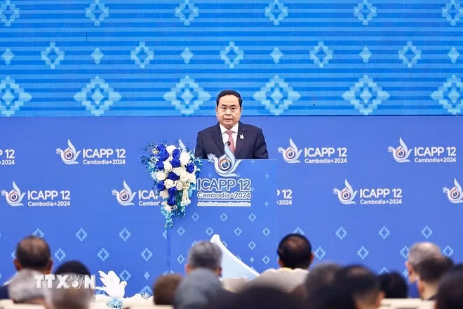 Chủ tịch Quốc hội Trần Thanh Mẫn phát biểu tại Hội nghị toàn thể lần thứ 12 của Hội nghị quốc tế các đảng chính trị châu Á (ICAPP). (Ảnh: Doãn Tấn/TTXVN)
