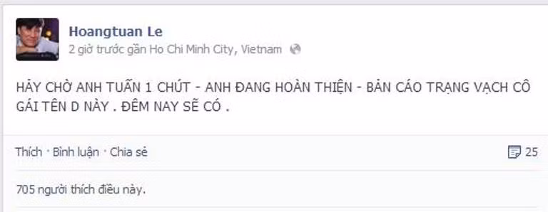 Những dòng status sau đó ông bầu Hoàng Tuấn chia sẻ đang tìm cáo trạng để vạch tội cô gái D