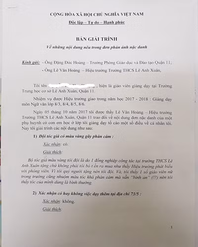 Bản giải trình của cô P. gửi lãnh đạo Trường Lê Anh Xuân và quận 11 (ảnh: P.L) Bản giải trình của cô P. gửi lãnh đạo Trường Lê Anh Xuân và quận 11 (ảnh: P.L)