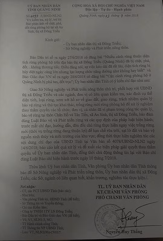 Công văn chỉ đạo xử lý các tổ chức, cá nhân để xảy ra tình trạng chặt phá rừng phòng hộ (Ảnh: Lã Tiến).
