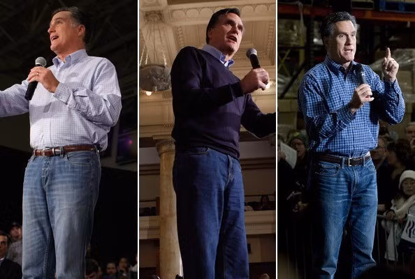 Trong nhiều chương trình, những bài diễn thuyết, Mitt Romney xuất hiện với những chiếc quần jean rộng.