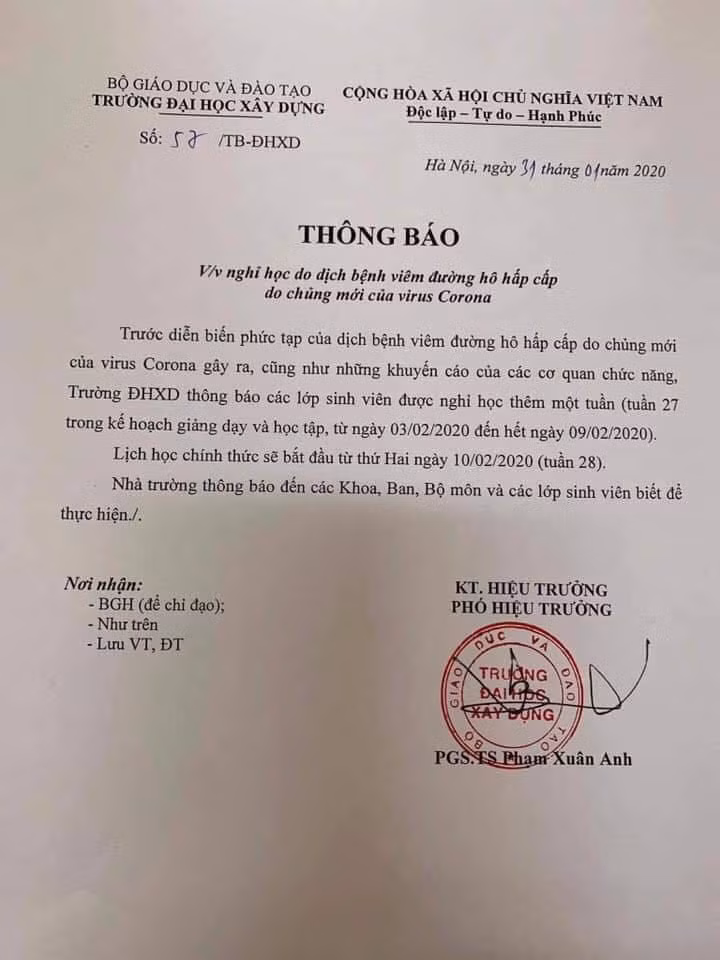 Nhiều trường đại học phía Bắc cho sinh viên nghỉ thêm 1 tuần tránh virus Corona ảnh 1 Nhiều trường đại học phía Bắc cho sinh viên nghỉ thêm 1 tuần tránh virus Corona ảnh 1
