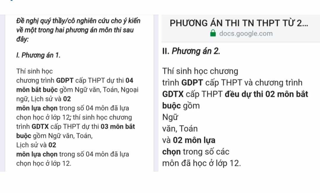 Nội dung khảo sát 2 phương án tổ chức kỳ thi tốt nghiệp từ năm 2025. (Ảnh: Ánh Dương) Nội dung khảo sát 2 phương án tổ chức kỳ thi tốt nghiệp từ năm 2025. (Ảnh: Ánh Dương)