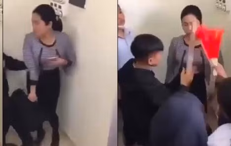 Nhóm học sinh Trường Trung học cơ sở Văn Phú có hành vi ngỗ ngược đối với giáo viên. Ảnh cắt từ clip.