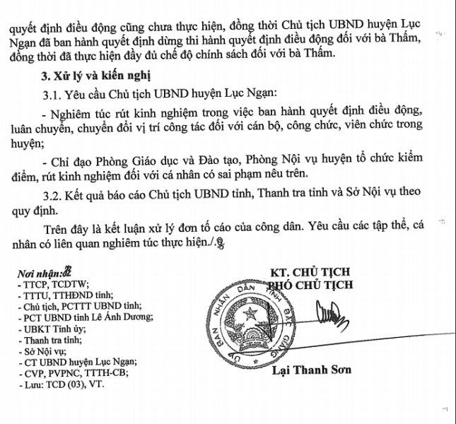 Kết luận nội dung tố cáo đối với Chủ tịch UBND huyện Lục Ngạn (thời điểm năm 2014) do ông Lại Thanh Sơn, Phó Chủ tịch UBND tỉnh Bắc Giang ký đã yêu cầu ông Trần Quang Tấn, Giám đốc Sở Công thương nghiêm túc rút kinh nghiêm trong việc ban hành quyết định điều động, luân chuyển, chuyển đổi vị trí công tác đối với cán bộ công chức, viên chức trong huyện. Ảnh Trần Việt.
